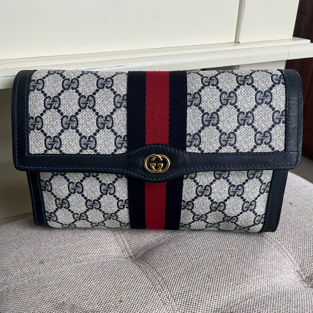 Gucci canvas sherry line navy clutch
